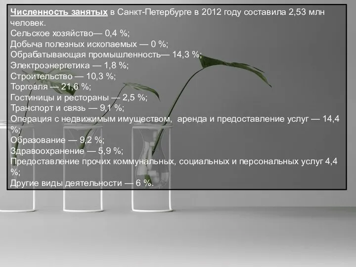 Численность занятых в Санкт-Петербурге в 2012 году составила 2,53 млн человек. Сельское