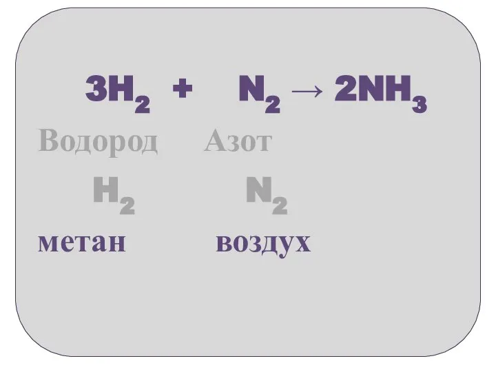 3H2 + N2 → 2NH3 Водород Азот H2 N2 метан воздух