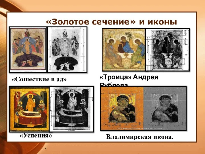 * «Золотое сечение» и иконы «Сошествие в ад» «Успения» «Троица» Андрея Рублева Владимирская икона.