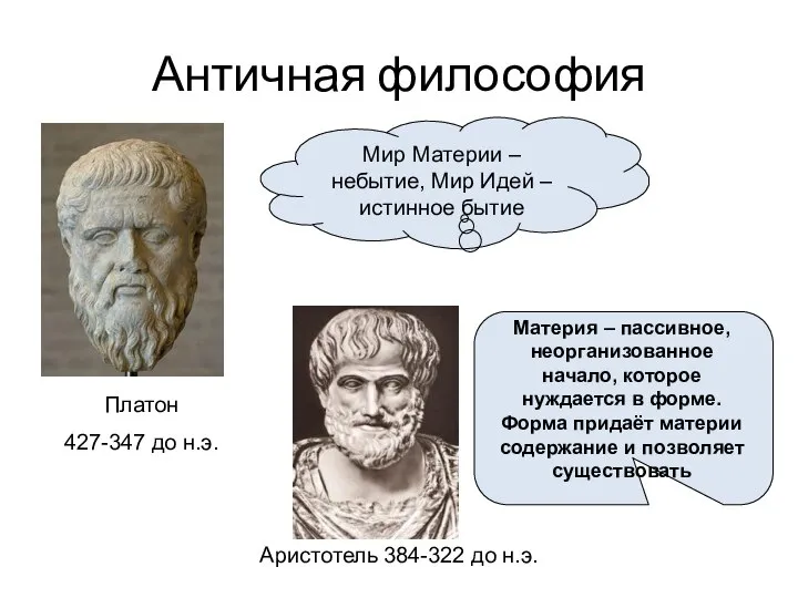 Античная философия Мир Материи – небытие, Мир Идей – истинное бытие Платон