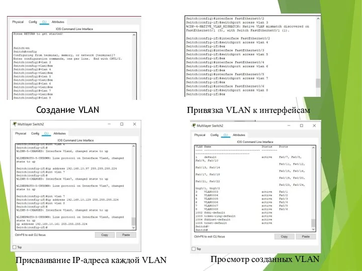 1 Создание VLAN Привязка VLAN к интерфейсам Присваивание IP-адреса каждой VLAN Просмотр созданных VLAN