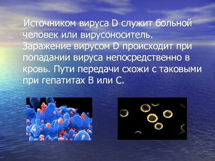 Источником вируса D служит больной человек или вирусоноситель. Заражение вирусом D происходит