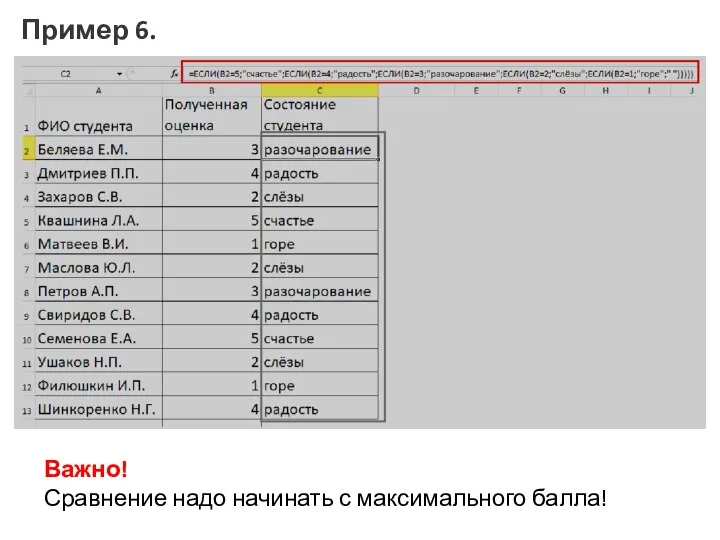 Важно! Сравнение надо начинать с максимального балла! Пример 6.