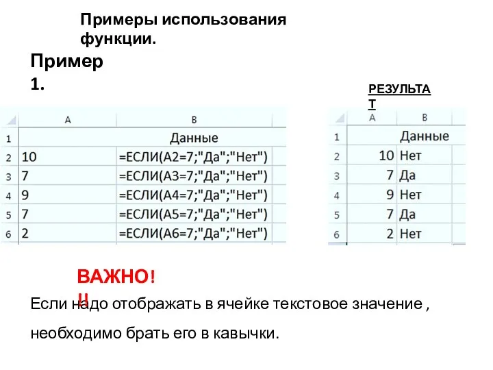 Примеры использования функции. Пример 1. РЕЗУЛЬТАТ Если надо отображать в ячейке текстовое