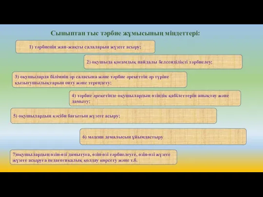 Сыныптан тыс тәрбие жұмысының міндеттері: 1) тәрбиенің жан-жақты салаларын жүзеге асыру; 2)