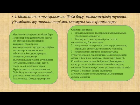 4. Мектептен тыс қосымша білім беру мекемелерінің түрлері, ұйымдастыру принциптері мен мазмұны