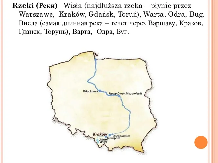 Rzeki (Реки) –Wisła (najdłuższa rzeka – płynie przez Warszawę, Kraków, Gdańsk, Toruń),