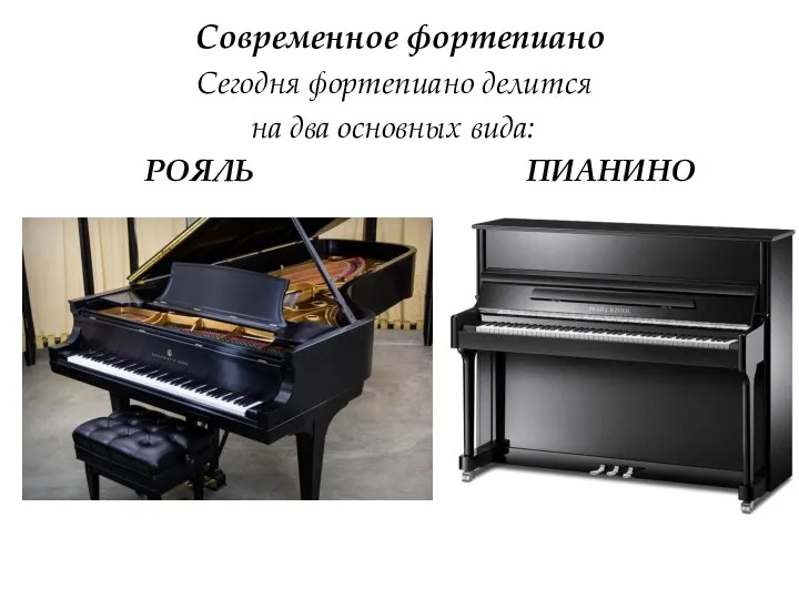 Современное фортепиано Сегодня фортепиано делится на два основных вида: РОЯЛЬ ПИАНИНО