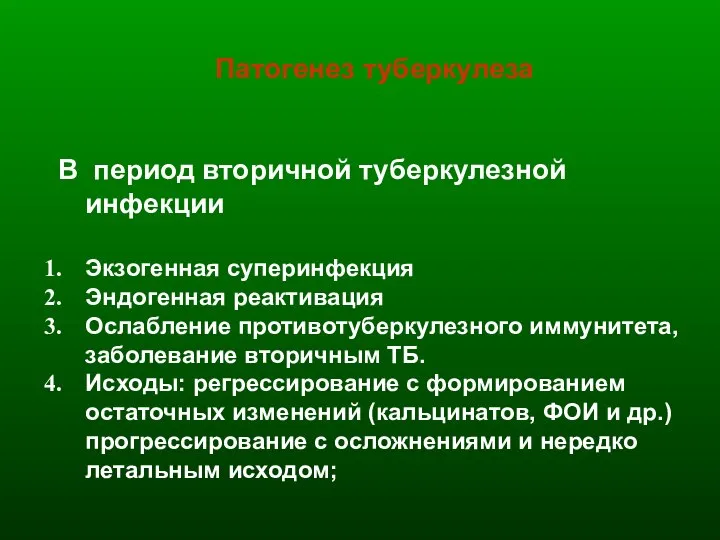 Патогенез туберкулеза В период вторичной туберкулезной инфекции Экзогенная суперинфекция Эндогенная реактивация Ослабление