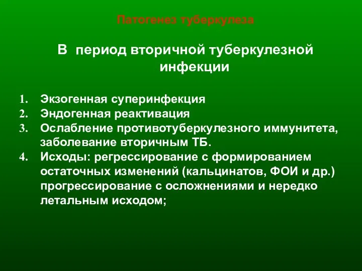 Патогенез туберкулеза В период вторичной туберкулезной инфекции Экзогенная суперинфекция Эндогенная реактивация Ослабление