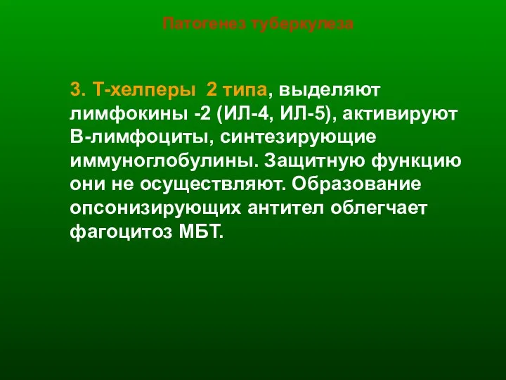 Патогенез туберкулеза 3. Т-хелперы 2 типа, выделяют лимфокины -2 (ИЛ-4, ИЛ-5), активируют