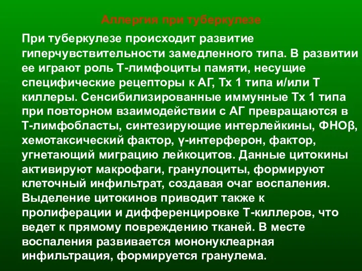 При туберкулезе происходит развитие гиперчувствительности замедленного типа. В развитии ее играют роль