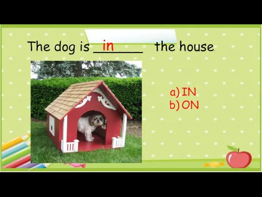 The dog is ______ the house. IN ON in