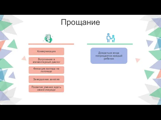 Прощание Коммуникация Вступление в элементарный диалог Фиксация взгляда на логопеде Завершение занятия