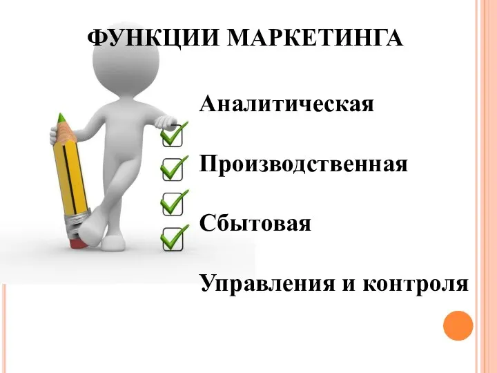 ФУНКЦИИ МАРКЕТИНГА Аналитическая Производственная Сбытовая Управления и контроля