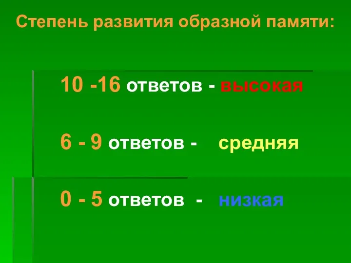 Степень развития образной памяти: 10 -16 ответов - высокая 6 - 9