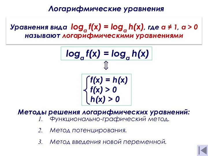 Логарифмические уравнения Уравнения вида loga f(x) = logа h(х), где а ≠