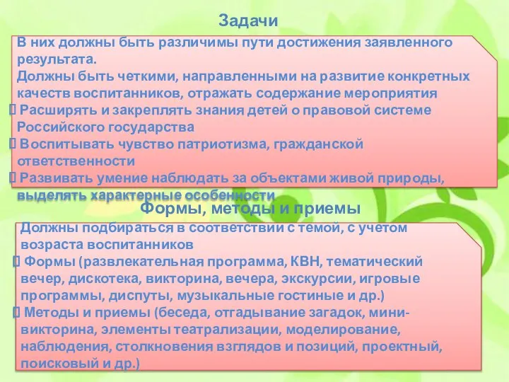 Оформление сценария мероприятия Задачи В них должны быть различимы пути достижения заявленного