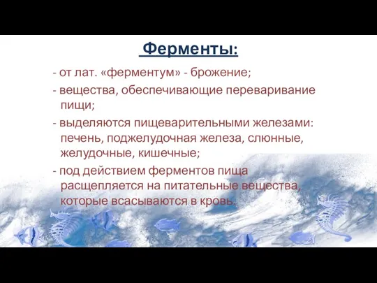 Ферменты: - от лат. «ферментум» - брожение; - вещества, обеспечивающие переваривание пищи;