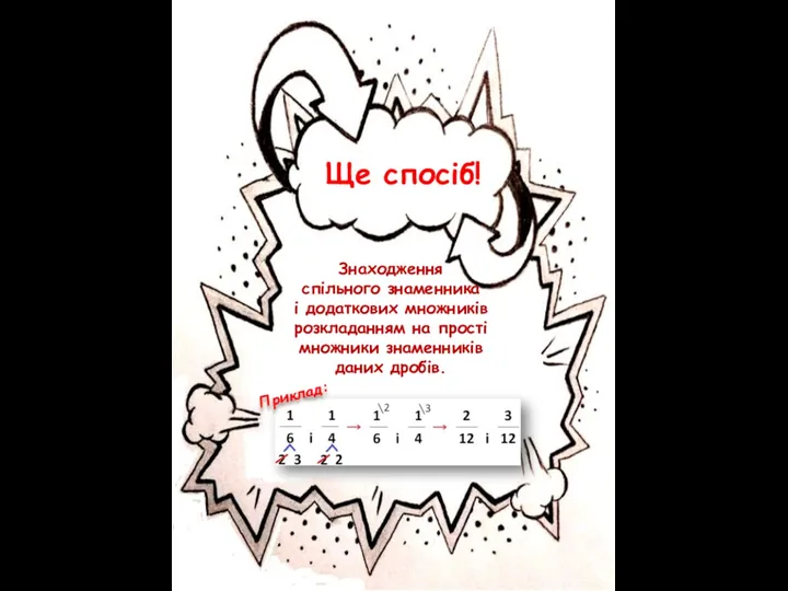Ще спосіб! Знаходження спільного знаменника і додаткових множників розкладанням на прості множники знаменників даних дробів. Приклад: