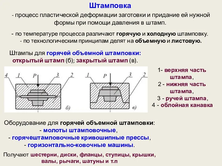 Штампы для горячей объемной штамповки: открытый штамп (б); закрытый штамп (в). Штамповка