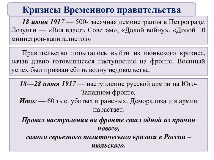 18 июня 1917 — 500-тысячная демонстрация в Петрограде. Лозунги — «Вся власть