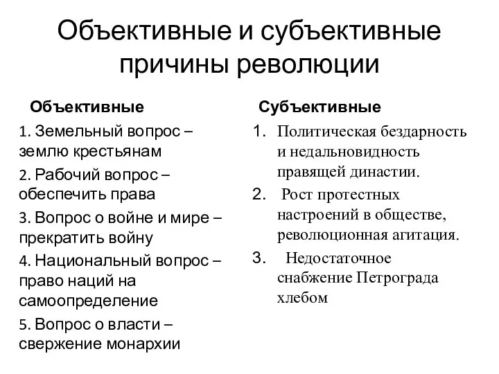 Объективные и субъективные причины революции Объективные 1. Земельный вопрос – землю крестьянам