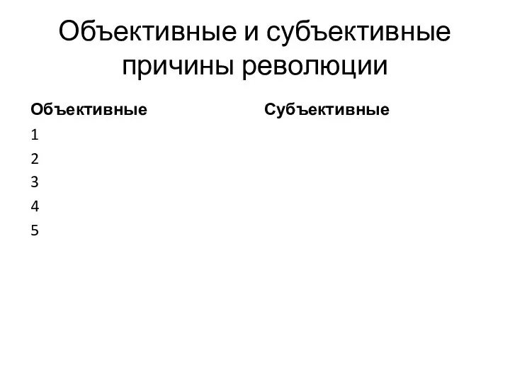 Объективные и субъективные причины революции Объективные 1 2 3 4 5 Субъективные