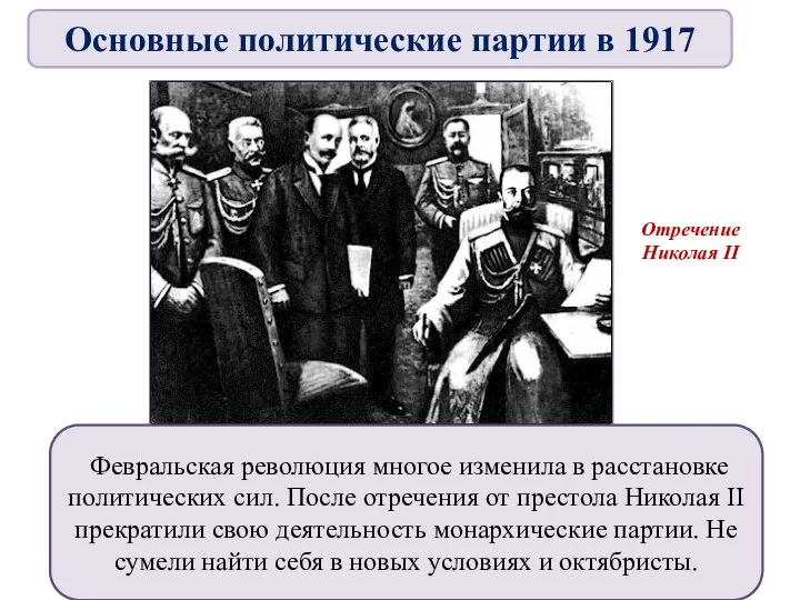 Февральская революция многое изменила в расстановке политических сил. После отречения от престола