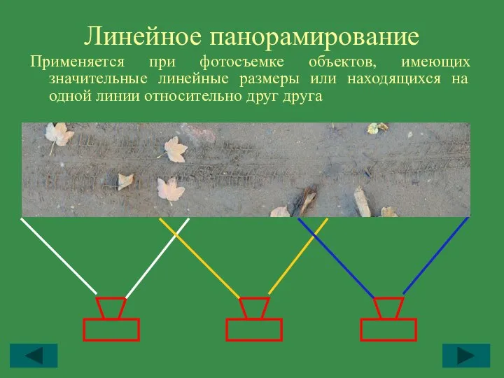 Линейное панорамирование Применяется при фотосъемке объектов, имеющих значительные линейные размеры или находящихся