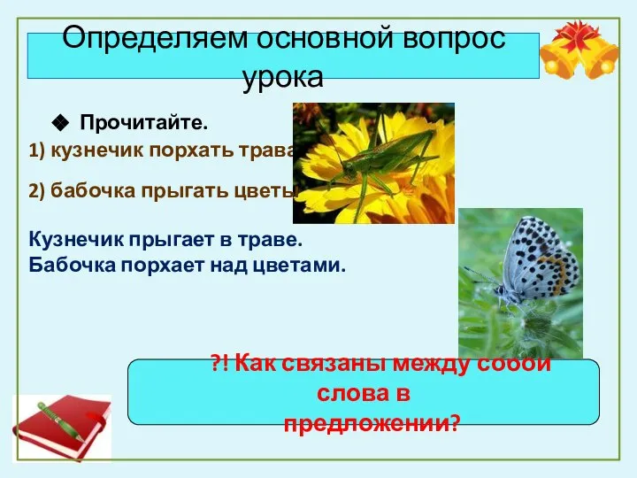 Прочитайте. 1) кузнечик порхать трава Определяем основной вопрос урока Кузнечик прыгает в