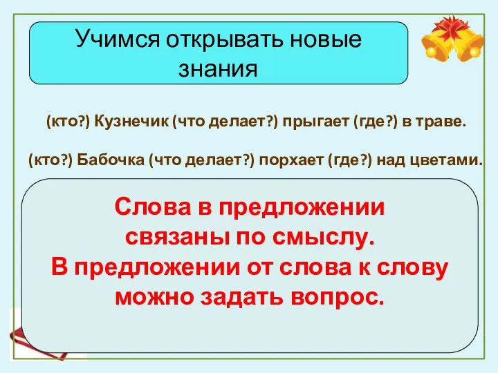 Учимся открывать новые знания (кто?) Бабочка (что делает?) порхает (где?) над цветами.