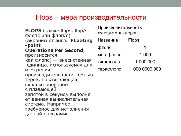 Flops – мера производительности FLOPS (также flops, flop/s, флопс или флоп/с) (акроним