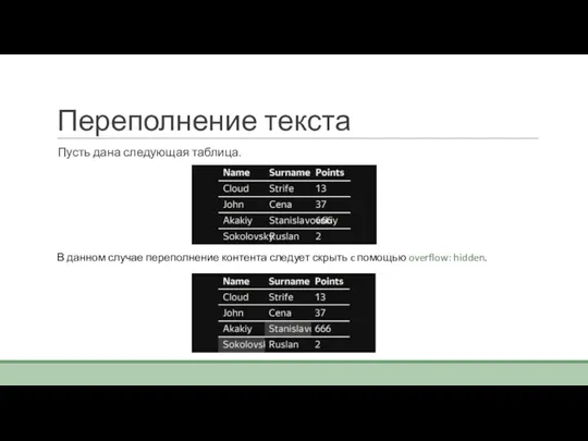 Переполнение текста Пусть дана следующая таблица. В данном случае переполнение контента следует