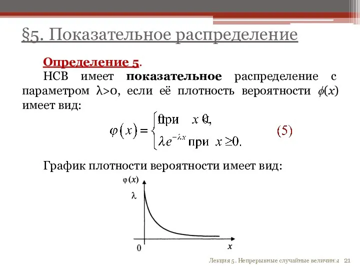 §5. Показательное распределение Определение 5. НСВ имеет показательное распределение с параметром λ>0,
