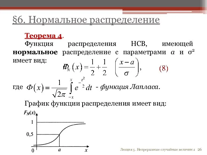 §6. Нормальное распределение Теорема 4. Функция распределения НСВ, имеющей нормальное распределение с
