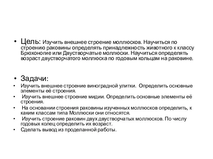 Цель: Изучить внешнее строение моллюсков. Научиться по строению раковины определять принадлежность животного