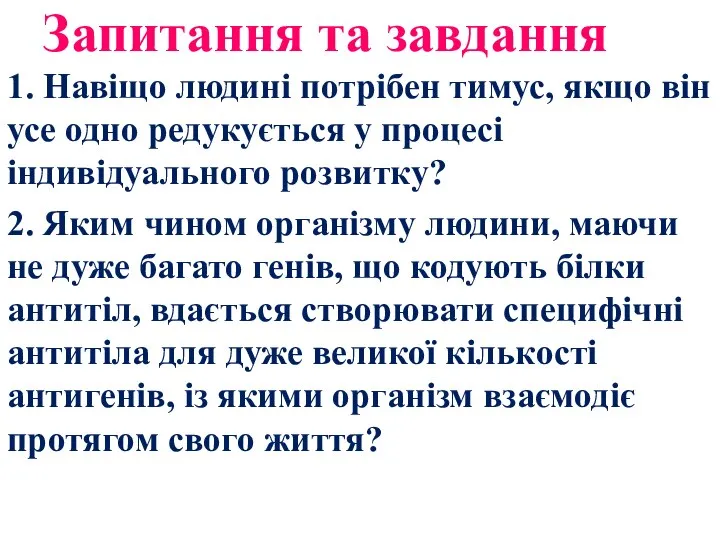 Запитання та завдання 1. Навіщо людині потрібен тимус, якщо він усе одно