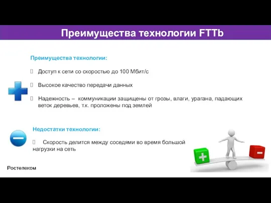 Преимущества технологии FTTb Преимущества технологии: Доступ к сети со скоростью до 100