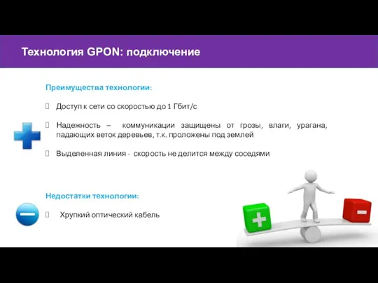 Технология GPON: подключение Преимущества технологии: Доступ к сети со скоростью до 1