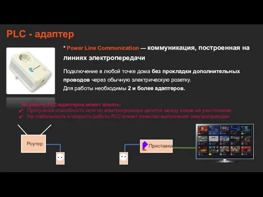 * Power Line Communication — коммуникация, построенная на линиях электропередачи PLC -