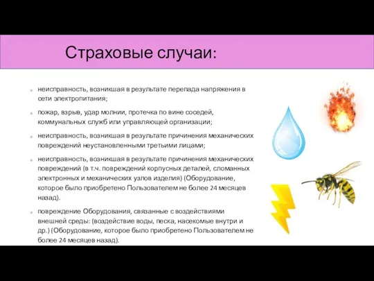 неисправность, возникшая в результате перепада напряжения в сети электропитания; пожар, взрыв, удар