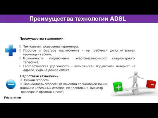 Преимущества технологии ADSL Недостатки технологии: Низкая скорость Зависимость скорости от качества абонентской