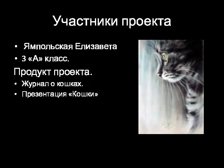 Участники проекта Ямпольская Елизавета 3 «А» класс. Продукт проекта. Журнал о кошках. Презентация «Кошки»