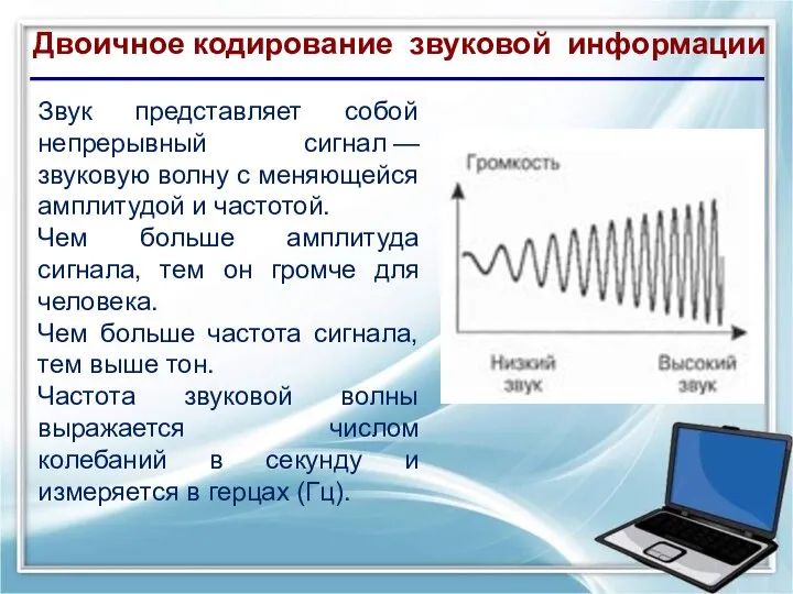 Двоичное кодирование звуковой информации Звук представляет собой непрерывный сигнал — звуковую волну