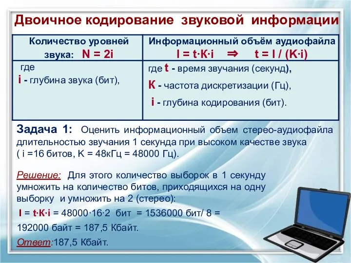 Двоичное кодирование звуковой информации Решение: Для этого количество выборок в 1 секунду