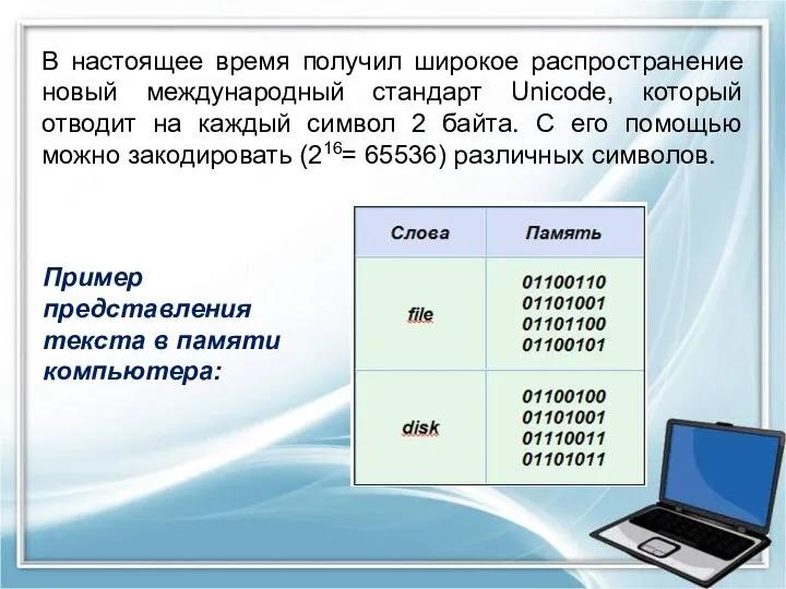 В настоящее время получил широкое распространение новый международный стандарт Unicode, который отводит