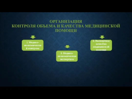 ОРГАНИЗАЦИЯ КОНТРОЛЯ ОБЪЕМА И КАЧЕСТВА МЕДИЦИНСКОЙ ПОМОЩИ 1. Медико-экономический контроль 2. Медико-экономическая