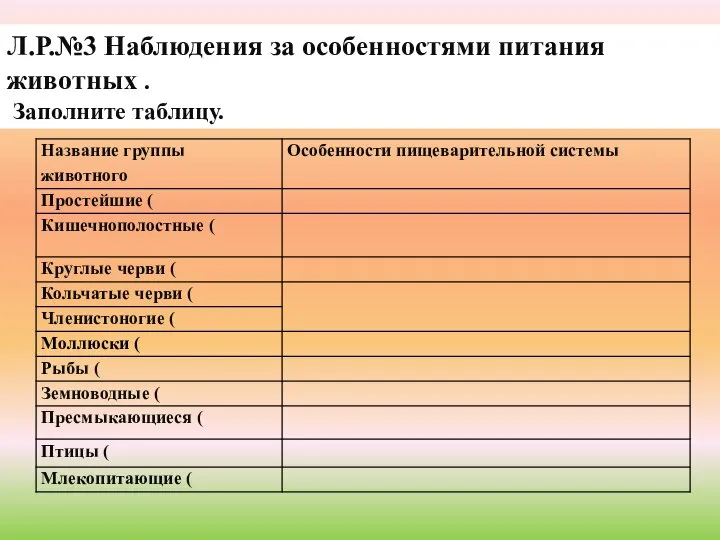 Л.Р.№3 Наблюдения за особенностями питания животных . Заполните таблицу.