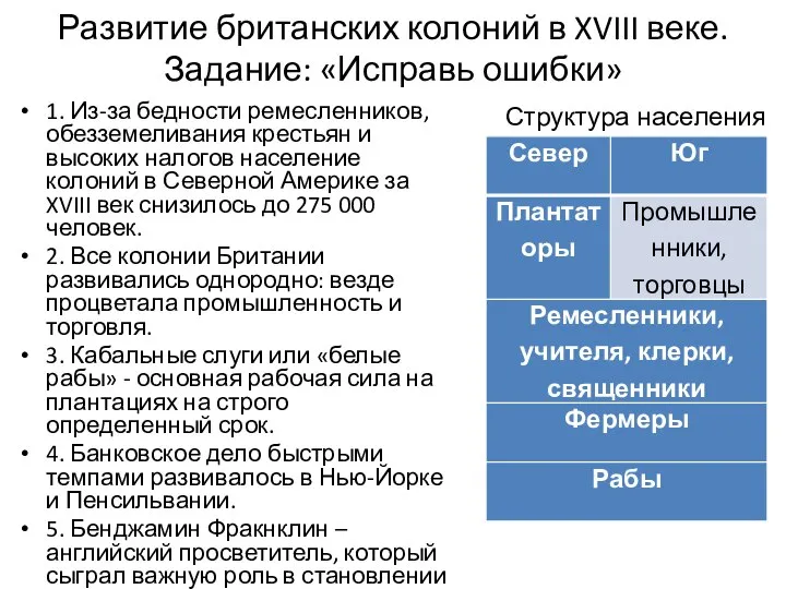 Развитие британских колоний в XVIII веке. Задание: «Исправь ошибки» 1. Из-за бедности